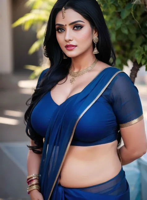 8K, ultra high detailed, an indian girl, cute face, happy, long hair, impressive hairstyle, large ,big chest,detailed eyes, detailed lips, indian clothes, saree, dark blue saree, lace, wearing jewellery, nature background, flowers, afternoon, shadow, clear...