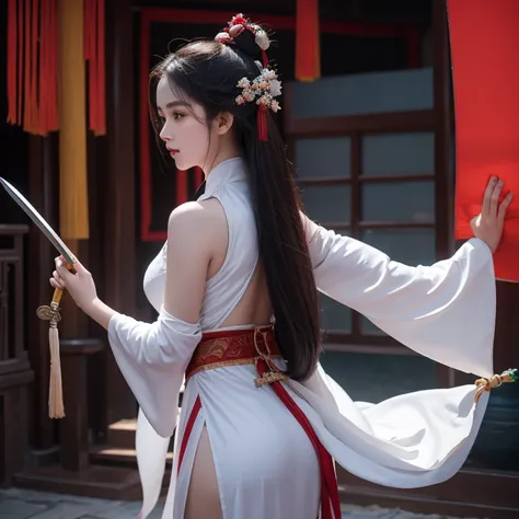 Xiu Xian novel，Girl 17 years old，chinese woman，Curvy and sexy in Hanfu，Front and back facing angle，Sword in hand，long hair fluttering