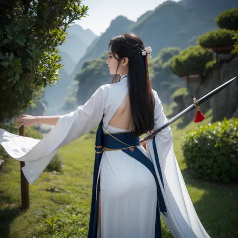 Xiu Xian novel，Girl 17 years old，chinese woman，Curvy and sexy in Hanfu，Front and back facing angle，Sword in hand，long hair fluttering