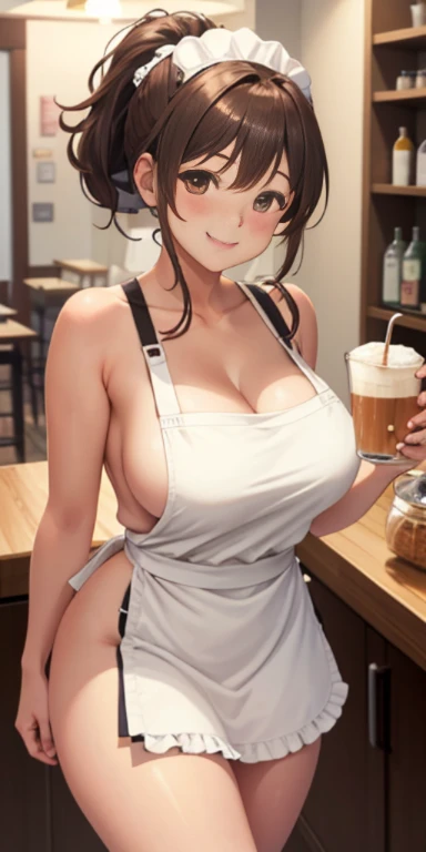 1girl, solo, brown ponytail, naked:1.2, (apron), large breasts, thighs, cafe background, smiling, blushing:1.1