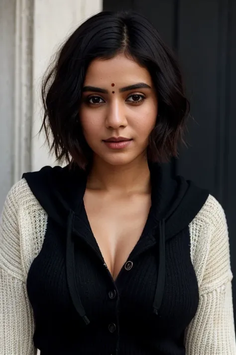 instagram photo, 21yo french woman, short hair, black hair, closeup portrait, sweater, cleavage, pale, hard shadows. Make Indian Version realistic and wear good full Indian dress hoody, dont show  