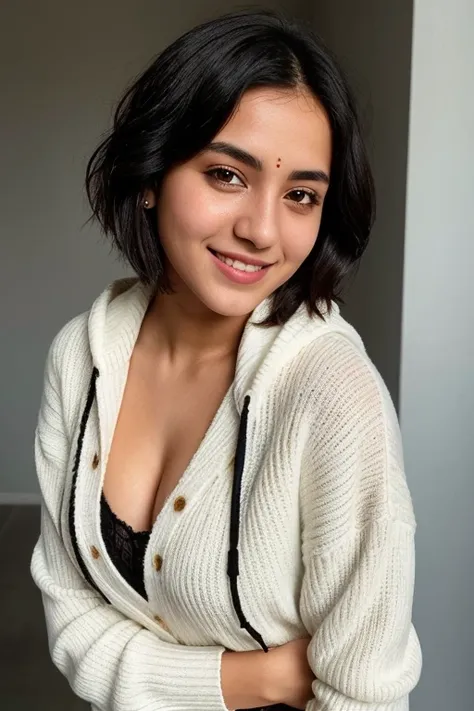 instagram photo, 20yo french woman, short hair, black hair, closeup portrait, sweater, cleavage, pale, hard shadows. Make Indian Version of this girl and wear hoody and nice pose with smile. Change dress and background