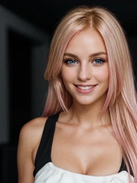 a closeup dark upper body shot photo of a blonde with perfect eyes, smile,pink hair, dark background