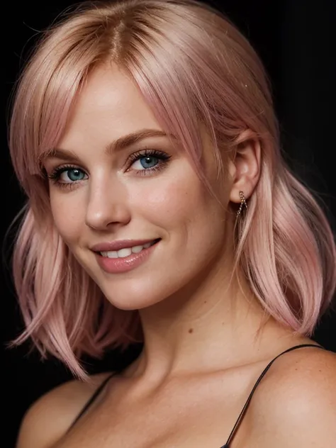 a closeup dark upper body shot photo of a blonde with perfect eyes, smile,pink hair, dark background