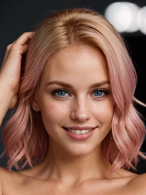 a closeup dark upper body shot photo of a blonde with perfect eyes, smile,pink hair, dark background