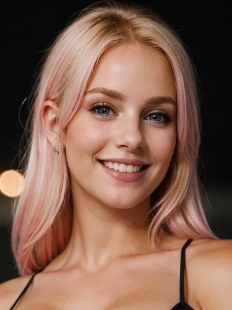 a closeup dark upper body shot photo of a blonde with perfect eyes, smile,pink hair, dark background