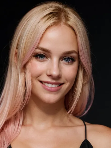 a closeup dark upper body shot photo of a blonde with perfect eyes, smile,pink hair, dark background