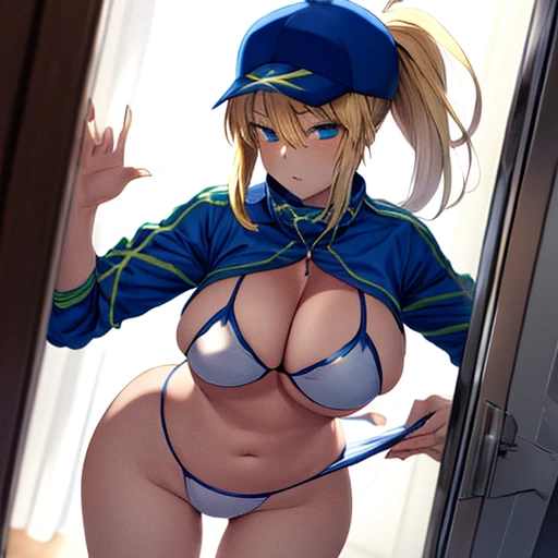 MysteriousHeroineXX_NDV, 1girl, blonde hair, large breasts, long hair, ponytail, blue eyes, cropped jacket, blue jacket, white bikini, baseball cap