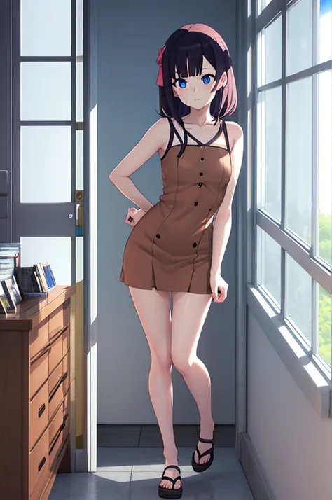 anime girl with blue eyes and brown dress standing in front of a window, an anime drawing inspired by Li Shida, trending on pixiv, tachisme, anime moe artstyle, anime visual of a cute girl, anime vtuber full body model, realistic anime 3 d style, anime wai...