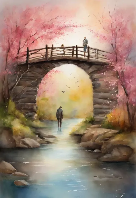 Romantic Tanabata Poster for Valentine&#39;s Day，Close-up of a man and a woman, kissing on a wooden bridge，Peach blossoms on both sides of the river.，Countless pink petals fell from the sky，Several magpies were flying in the sky，