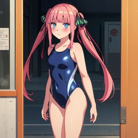 best quality, very aesthetic, Super detailed, best illustration, 1girl, one-piece swimsuit, bangs, pink_hair, blunt_bangs, hair_ornament, butterfly_hair_ornament, ribbon, black_ribbon, blue_eyes, blush, hair_ribbon, twintails, long_hair, nino, full_body