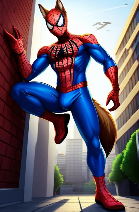 4k resolution a tan coyote wearing red and blue bodysuit spiderman spandex costume, detailed bulge, by krazykurt