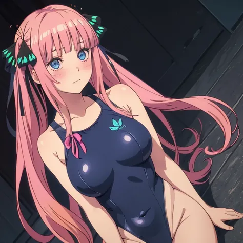 best quality, very aesthetic, Super detailed, best illustration, 1girl, one-piece swimsuit, bangs, pink_hair, blunt_bangs, hair_ornament, butterfly_hair_ornament, ribbon, black_ribbon, blue_eyes, blush, hair_ribbon, twintails, long_hair, nino, full_body, s...