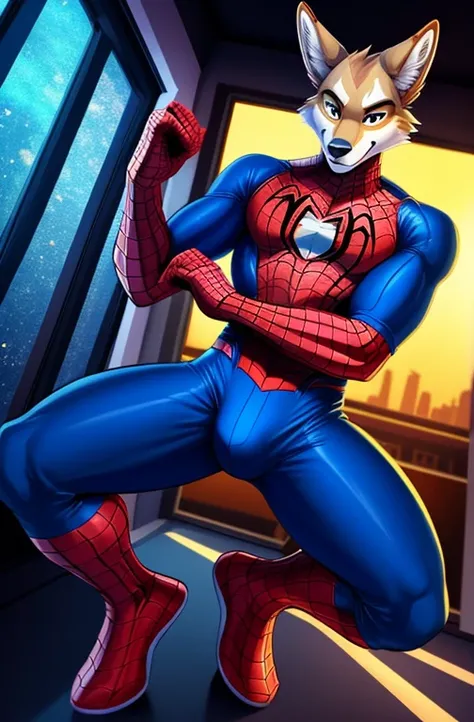 4k resolution a tan coyote wearing red and blue bodysuit spiderman spandex costume, detailed bulge, by krazykurt