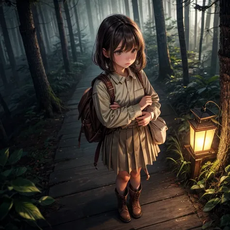 beautiful girl,pixer style,beige military shirt,Beige knee-length pleated skirt,red backpack,baby face,Brown short boots,dark brown hair,medium hair,bangs,white skin,charming eyes,long eyelashes,anxious look,Asahi,road deep in the forest,alone,Big tree,The...