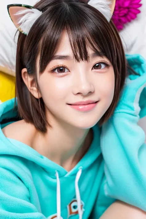 masterpiece, highest quality, 8K, super dense skin, perfect anatomy,Upper body, hot, cute, 1 girl, colorful short hair,straight hair,oily shiny skin,colorful hoodie,cat ear headband,on the bed,15 years old,on the bed,cross your legs,looking at the viewer,s...