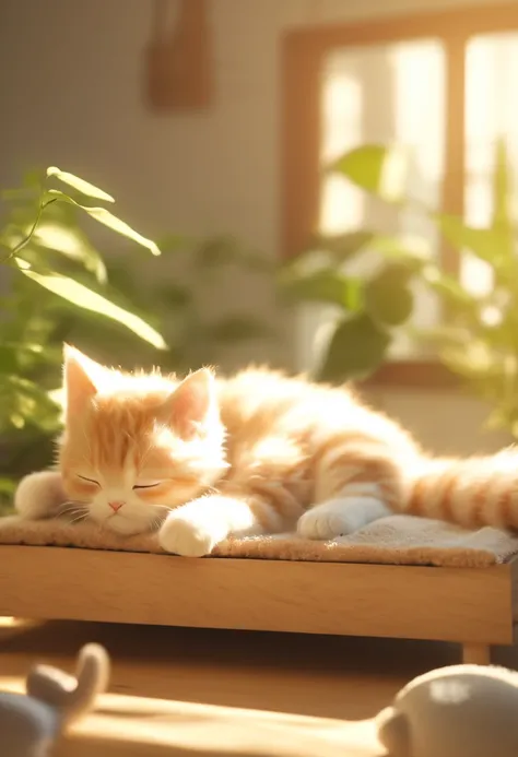 Disperse, plants are in the foreground, A cute baby cat lying on its back on a toy wood bed, with its eyes closed, with its limbs open, plain, minimalist, furry, mini bedroom, alarm clock, sweet, sunshine, warm