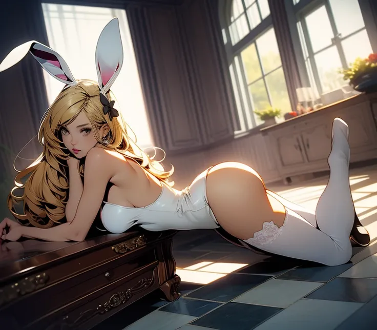 blond woman in bunny ears laying on the floor with her legs, doggystyle. ultrarealistic sweet bunny girl, anime barbie in white stockings, bunny leg, bunny girl, full length and white stockings, very sexy pose, pretty face with arms and legs, lola bunny fa...