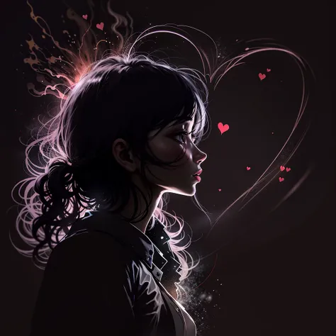 1 girl, silhouette, heart beat