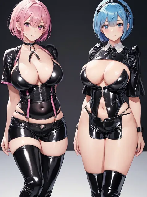 masterpiece, highest quality, Super detailed,realistic, 
2 girls,Re Zero,(one girl:Rem, blue hair, short bob hair, big breasts),(other girls:rum,pink hair, short hair, big breasts),smile, (white theme:black suspenders ,white collar yシャツ),((short sleeve, wh...