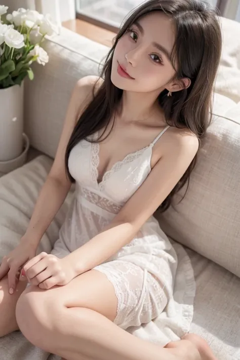 Ulsan-6500-V1.1、Extremely detailed、High definition、Raw color photo、wide shot、1 young woman、Kpop Girl、high detail skin、soft light from above、vivid colors、shiny white skin、wonderful face and eyes、Light makeup、Smile、thin lace long dress、long legs、flower garde...