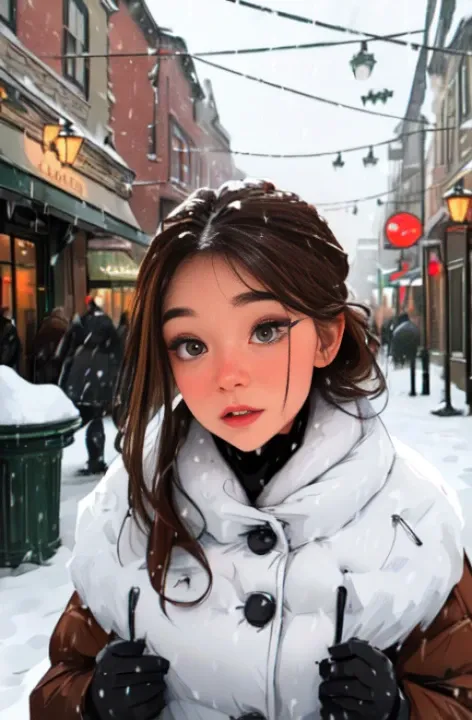 (best quality:1.2, highres, masterpiece:1.2), sophisticated attire, mature woman, brown bangs, reddened (mesmerizing shimmering eyes), averted gaze, extremely detailed, resting on a voluptuous chest (snow falling around her:1.2), main street outdoor scene