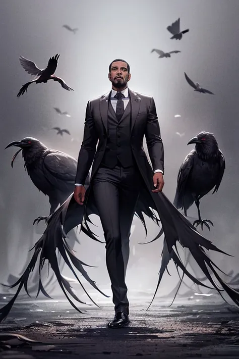 black man, he has crows around him, his eyes are made of dark black paint, black paint coming out of his mouth, a lot of melancholy, his arms are made of black paint, he wears a huge overcoat made with crows and paint, his coat its torn, his clothes reach ...