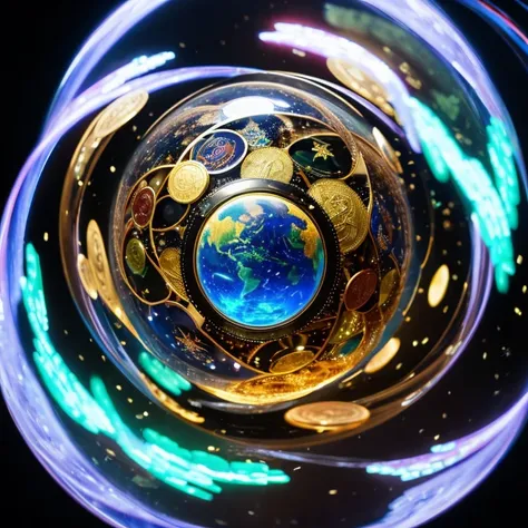 A lot of money is swirling around in a spherical shape.、In the center is a sphere made up of many coins.。Around it is disaster々There&#39;s a nice aura in the air。