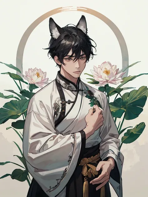 ((4K、​masterpiece、top-quality))、(Beautiful fox-eared gray-haired man、A strong man with black hair with wolf ears), ink and watercolor painting、Traditional Chinese Ink Painting、lotuses、Hanfu、Maxi Kit、Dress conservatively、 white  hair, Animal ears, bule, flo...