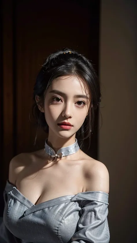 best quality, masterpiece, ultra high res, (photorealistic:1.4), 1girl, off-shoulder shirt, ((traditional chinese dress:1)), black choker, (faded ash gray hair:1), (huge breasts:1.2), looking at viewer, closeup,