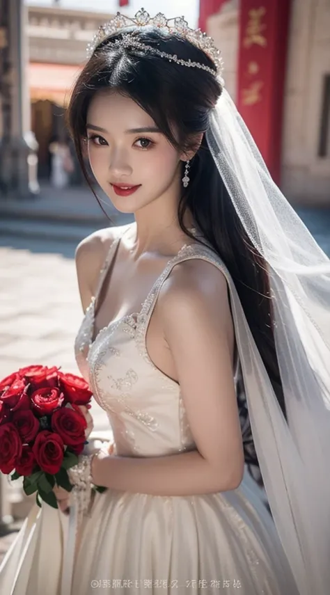 Wedding beauty, character details refinement, wedding dress detail refinement, photomicrograph, high angle, soft light photo, oriental classical beauty, hair bundle, towering headdress, red bridal wedding dress, red hood, real three-dimensional, natural fa...