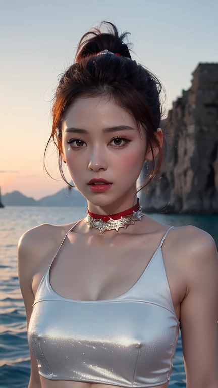 Ultra high quality，8K，gal girl，Sexy and feminine, high and cold，Enchanting，The head proportions are perfect，Gray high ponytail，Wear a short top, Short red high-waisted skirt，Flaming red lips，Swan neck，chokers，sun is shining