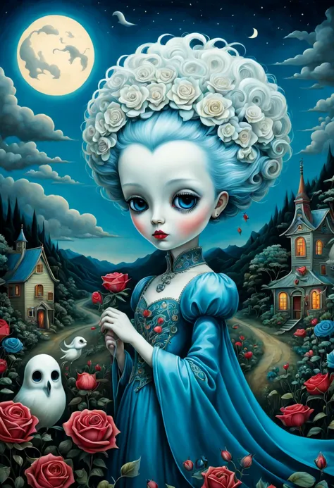 benjamin lacombe, Anne Sultan, Andy Keeho, Kincaid and Kandinsky, Ghost town full of ghosts, beautiful eyes, Magical land, night, rose and wildflower garden, high detail, Complicated, beautiful sky, Volumetric light, 8k, Mute Color, Vibrant triadic colors,...