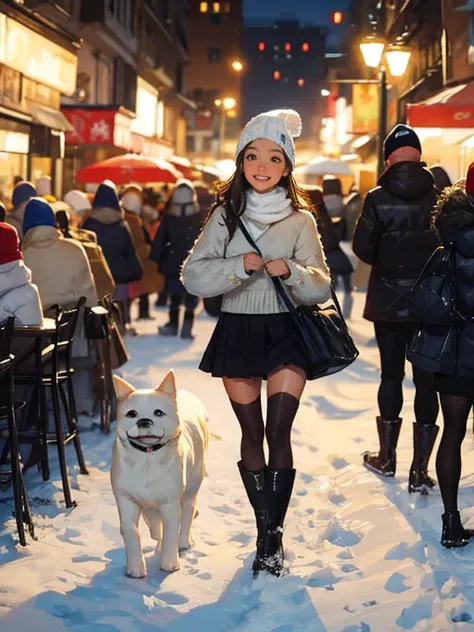 High-quality images, atmospheric perspective, 8 thousand, super detail, accurate, best quality, angle from below, female, droopy eyes, blush, walk through the city&#39;s winter park, She is holding a small dog, food track, busy, skyscrappers, snowfall, (wh...