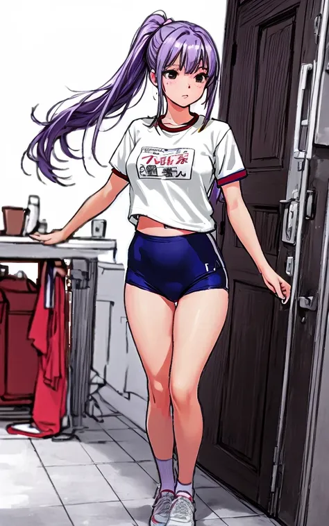 A beautiful woman with long hair tied in a mauve-purple ponytail with a pale pink ribbon is standing in the school hallway wearing white gym clothes and navy blue bloomers shaped like panties.。