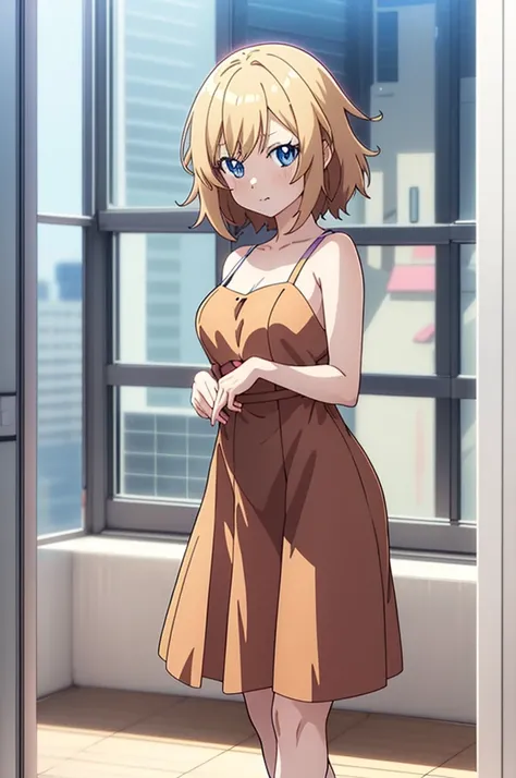 anime girl with blue eyes and brown dress standing in front of a window, an anime drawing inspired by Li Shida, trending on pixiv, tachisme, anime moe artstyle, anime visual of a cute girl, anime vtuber full body model, realistic anime 3 d style, anime wai...