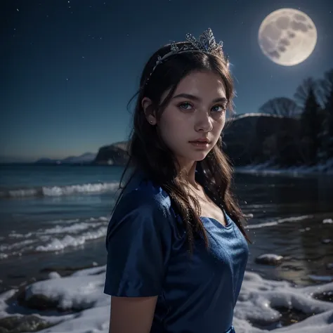 (1teenage girl:),solo, official art, unity 12k wallpaper, ultra detailed, beautiful face and aesthetic, beautiful, masterpiece,reality, high quality,blue eye,medium black hair,wearing elsa blue dress and crown,near the snow beach, midnight under the moon