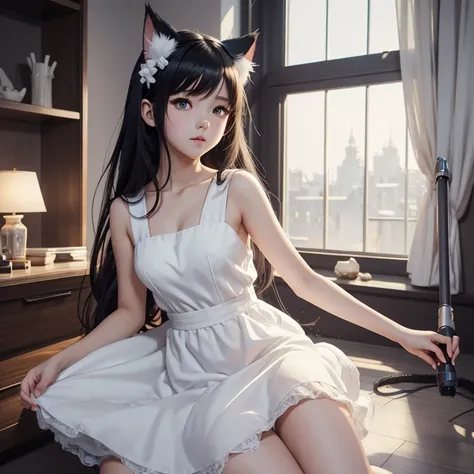 Anime cat-eared girl in white dress, Vacuuming， in dress,Sleeveless， small curvy , artwork in the style of guweiz, guweiz on pixiv artstation, guweiz on artstation pixiv, guweiz, small  girl, soft anime illustration, Anime visuals of cute girls, Detailed D...