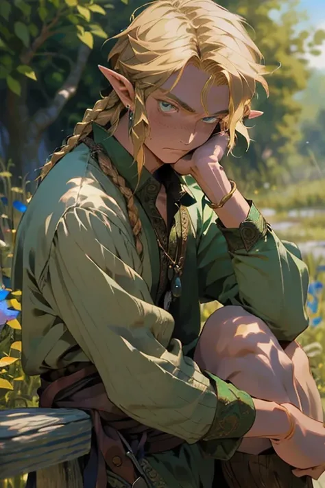 Realistic, (masterpiece, top quality, best quality, official art,), very detailed, most detailed, (1boy:1.3), gods, blonde hair, mysterious, handsome man, ((zelda style)), prairie, herdsmen, pale green clothes, ornaments, earrings, single braids