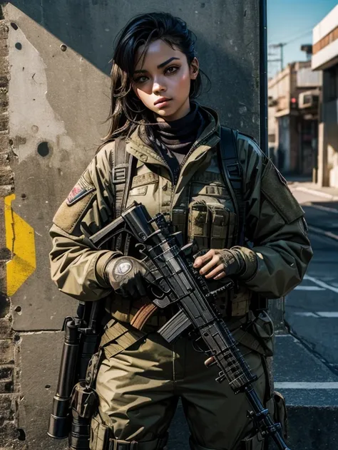 best quality), (high detail), (vivid colors), (tactical style), (tactical), (Close up), (1girl), a beautiful female soldier with a assault rifle, leaning against a damaged wall with bullet holes in it, HDR, 4K, 3D, graffiti art style.