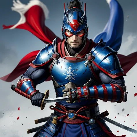 (Best Quality, 4k, 8K, high resolution, Masterpiece: 1.2), Superman in Ronin Samurai armor, wearing a sleeveless blue and red armor, a traditional samurai headpiece with a cape flowing behind, strong jawline, piercing blue eyes with a determined expression...