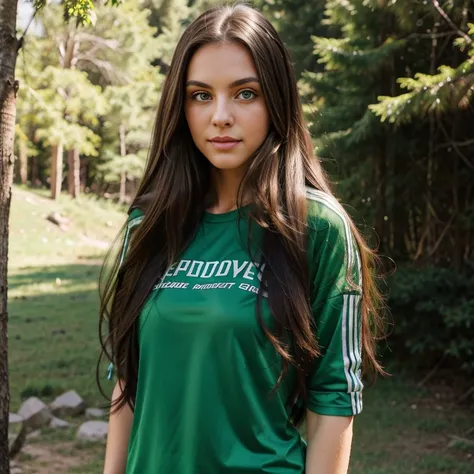 Brunette long hair, black long hair, emerald green eyes, big green eyes, cute nose, sexy lips, perfect face shape, 25 years old model , sport clothes , on mountain smiling big