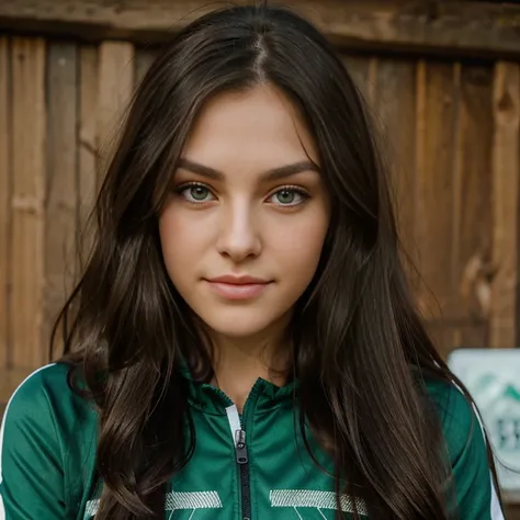 Brunette long hair, black long hair, emerald green eyes, big green eyes, cute nose, sexy lips, perfect face shape, 25 years old model , sport clothes , on mountain smiling big