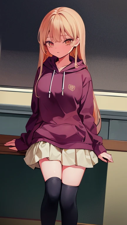 femaleの子 茶色の髪をしています,茶髪 is femaleの子， female, long hair, wearing a long orange hoodie,  long s, Wearing knee-high socks, wear brown lace-up boots, alone, alone, (alone)(alone), has orange eyes, (perfect eyes)(masterpiece) thin thighs, narrow hips, , super bi...