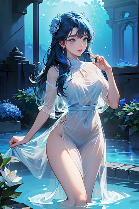 (highest quality, 8K, 32K, masterpiece, UHD: 1.3), 1 female, (Oversized: 1.3), perfect figure,, (attractive), (Sheer skin)) 、((((Transparent see-through dress))))、see-through dresses、lace sheer dress、Transparent dress、Sheer skin、Transparent dressを着た美しい裸の女性...