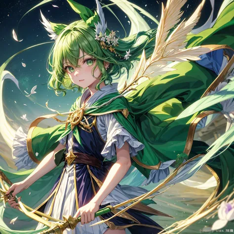 highest quality、Magical girl、green hair、green eyes、green robe、Green Wizard Hat、Sorcerers Wand、wind magic、The wind blows around the cane.、battle