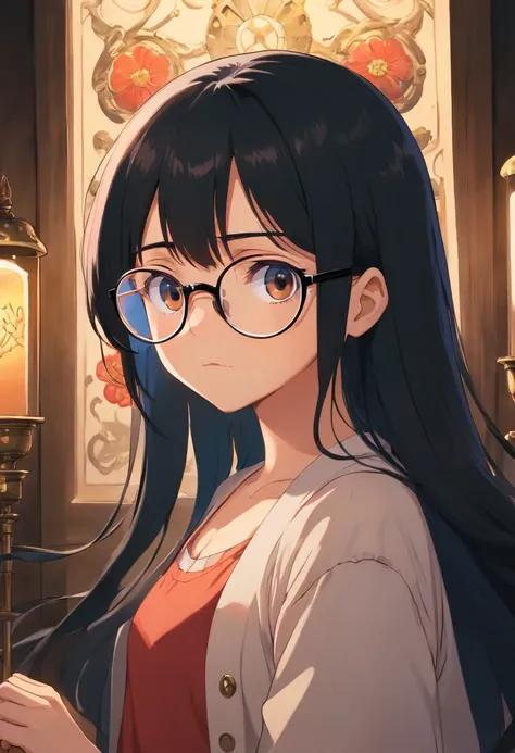 glasses　girl　black hair　dark room　cute　sad　Whimpering　looking down　one piece　My eyes are hidden　long bangs　Ghibli　anime　beautiful　Highest image quality　be familiar with　detailed　beautiful　