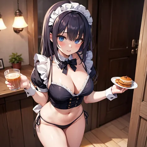 Black hair, blue eyes, sexy, large breasts, maid bikini, Cafe, smilex beautiful body, masterpiece 