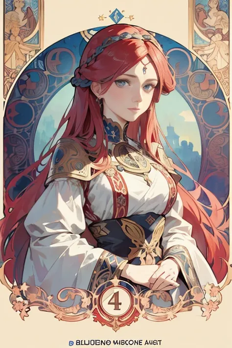 face portrait of a  European female , very long hair, red haired  , floral frame, Decorative panels, abstract
artistic, by Alphonse Mucha, blue eyes,  knight clothes, sword
(Masterpiece, Best Quality, Highres:1.4), Detailed, Intricate Details, 4K, color sp...