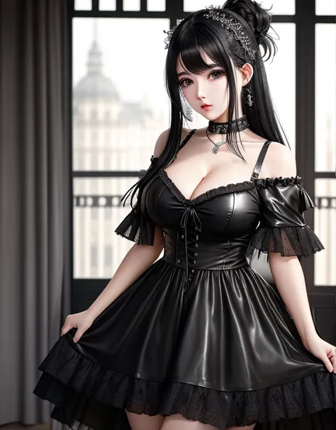 ultra realistic photography: masterpiece, highest quality, high resolution, solo, come-hither gaze, emo 18-year-old girl, black hair in a messy bun, white porcelain skin, European type, leather long dress, large breasts, dark makeup, pale white skin -imagi...